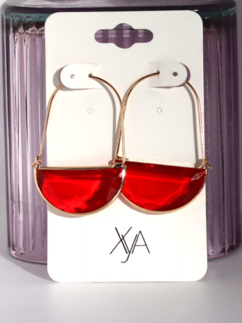 XYA Red Half-Moon Drop Earrings - Gold Tone